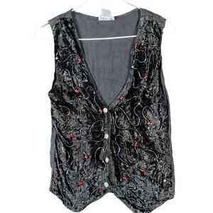 Vintage Monalisa Womens Vest Black Sleeveless Velour Jeweled Beaded Boho Chic S